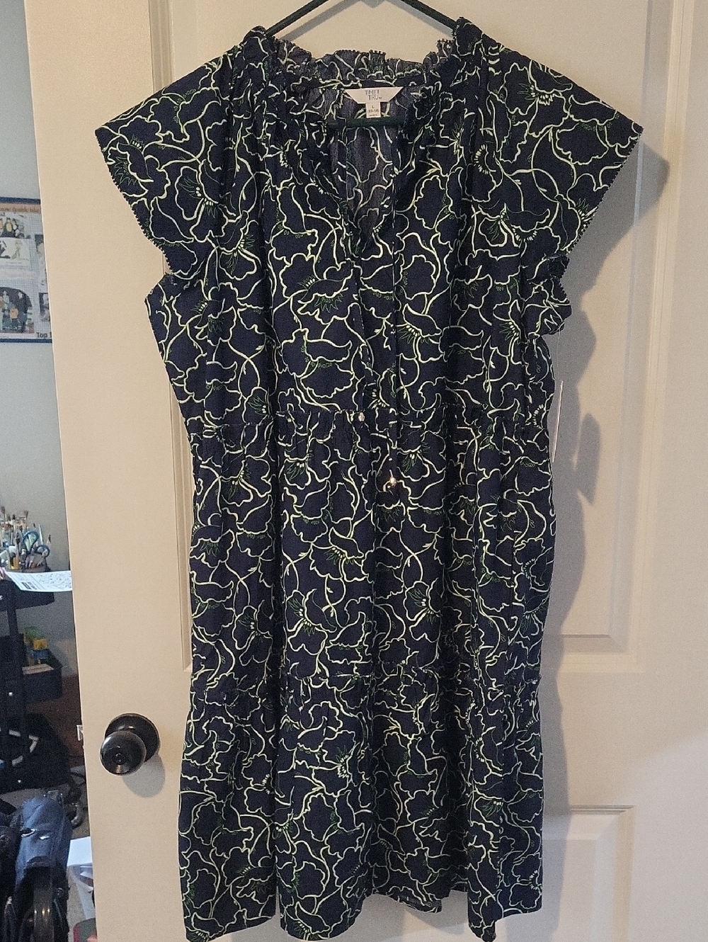 Time and Tru Navy Midi Dress with Light Green Floral Outline